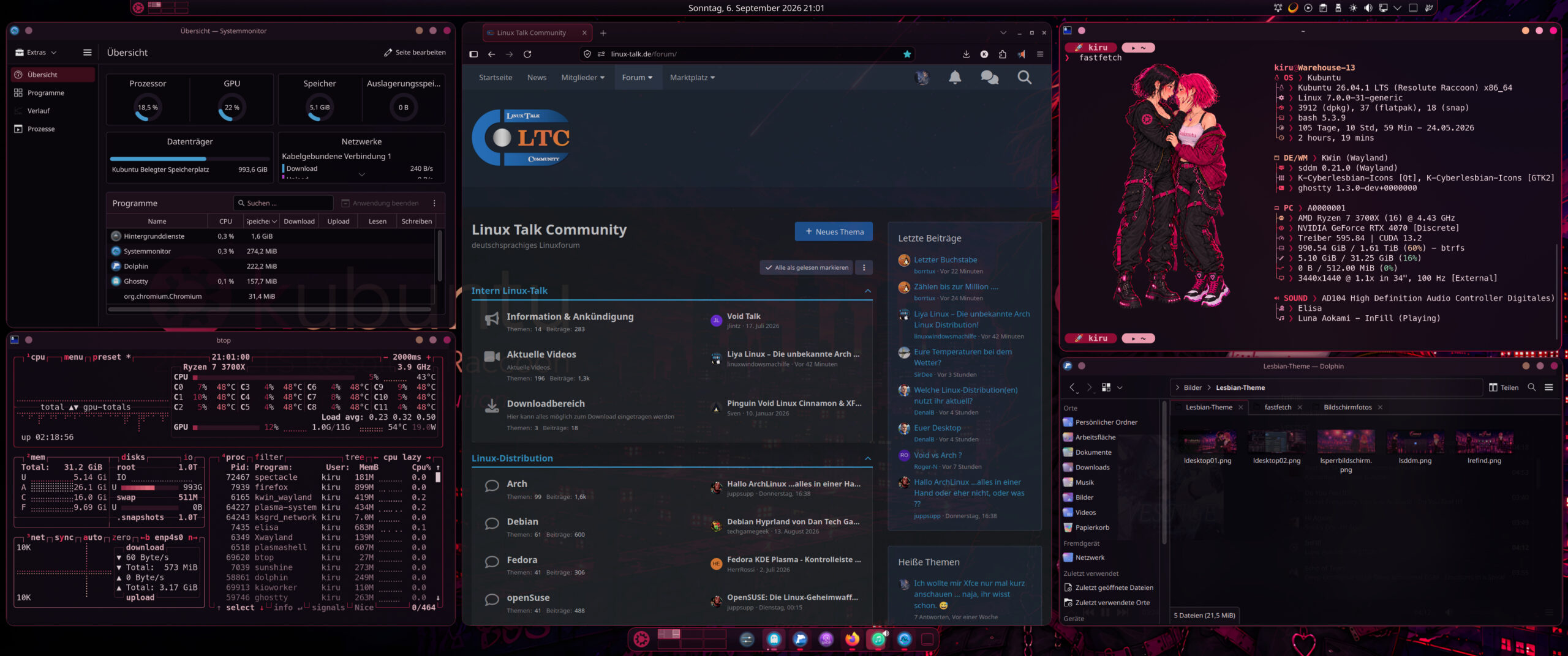 Kubuntu Desktop im Neon-Look mit geöffneten Programmen